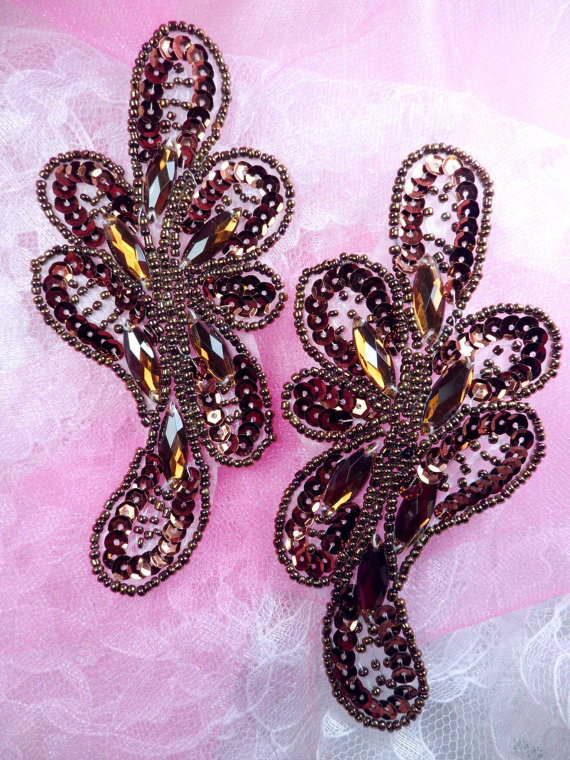 Appliques Mirror Pair Bronze Jeweled Sequin Beaded Dance 5.25" (JB120X-bz)