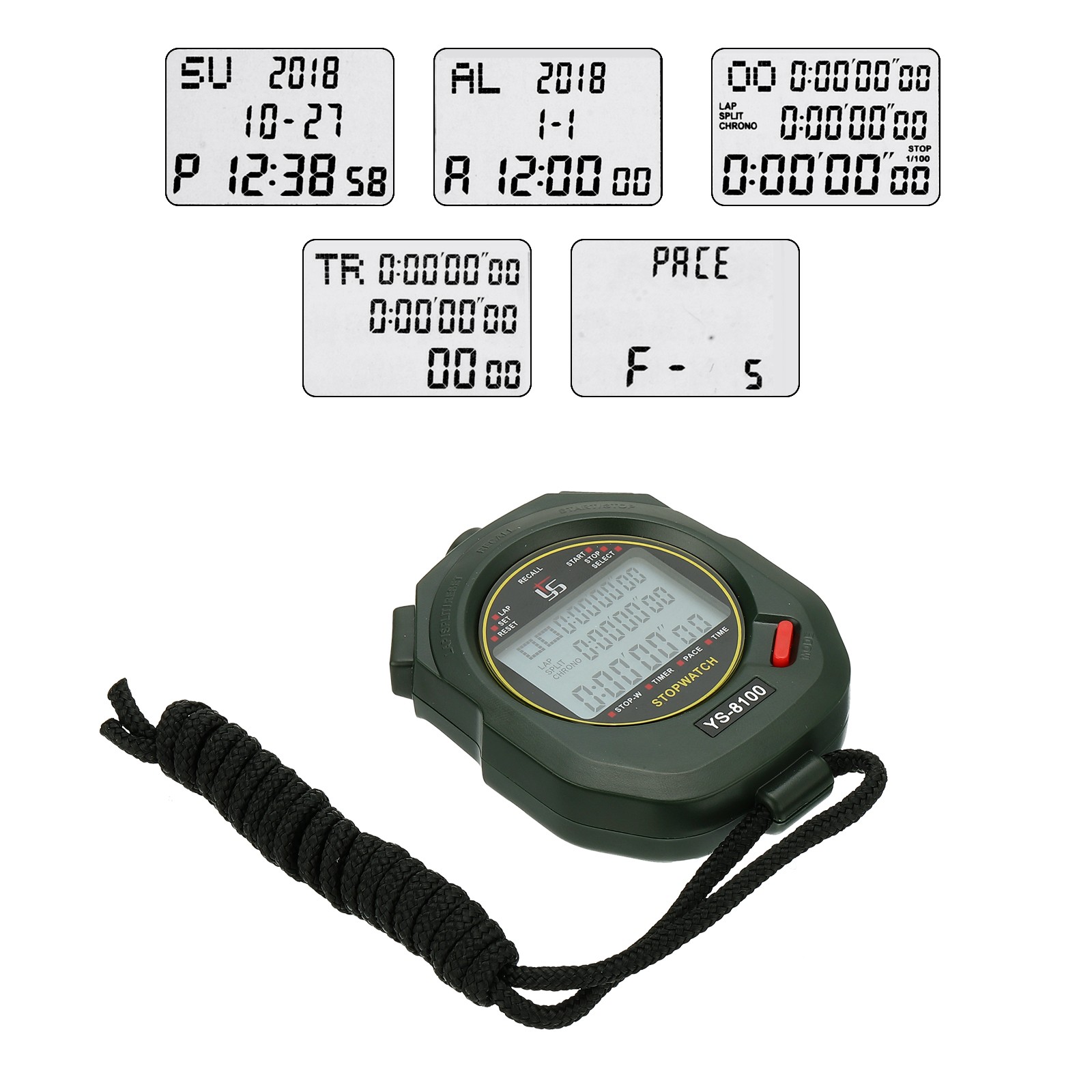 Professional Sport Stopwatch Timer 100 Lap Memory 0.01 Second Timing Green