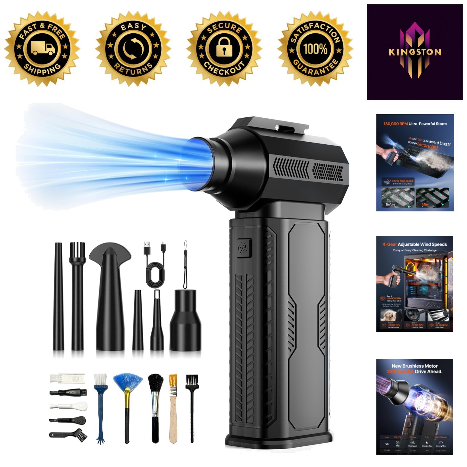 Compact 130K RPM Air Duster with Versatile Nozzles for Efficient Dust Removal
