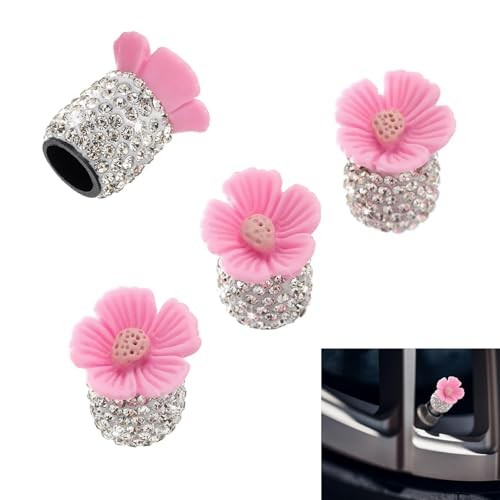 4 PCS Bling Tire Valve Stem Caps, Shiny Rhinestone Flower Car Air 1 PCS Pink