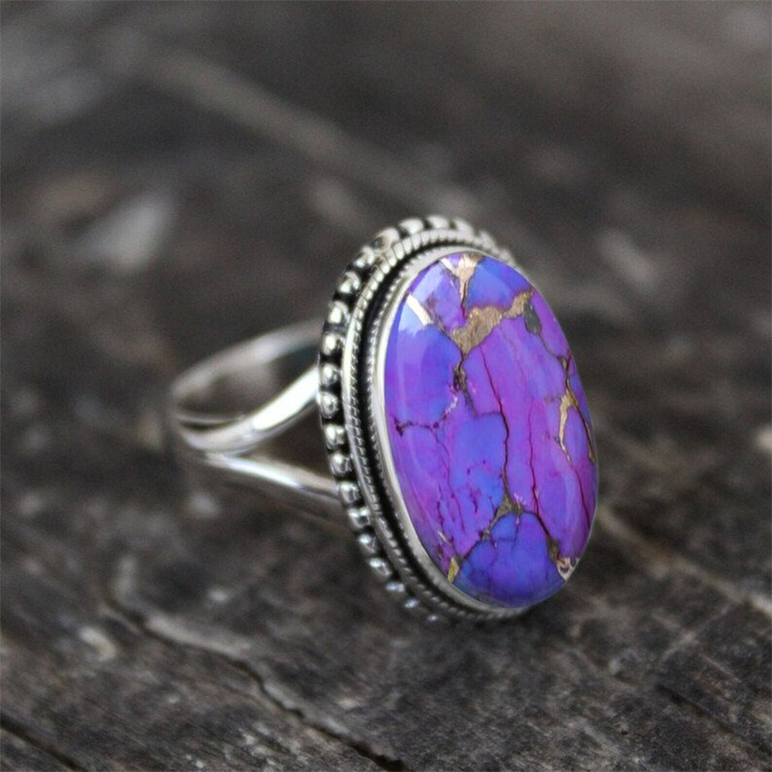 925 Sterling Silver Purple Copper Turquoise Oval Handmade Women's Ring