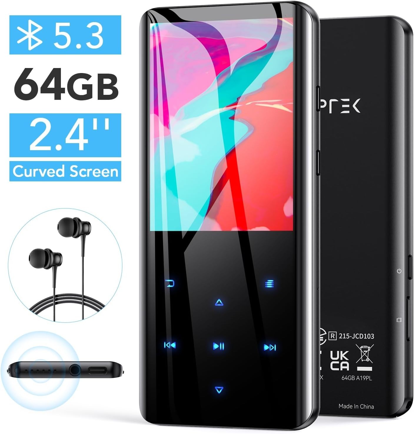 Expandable 64GB MP3 Player with 48-Hour Playback & Bluetooth Connectivity