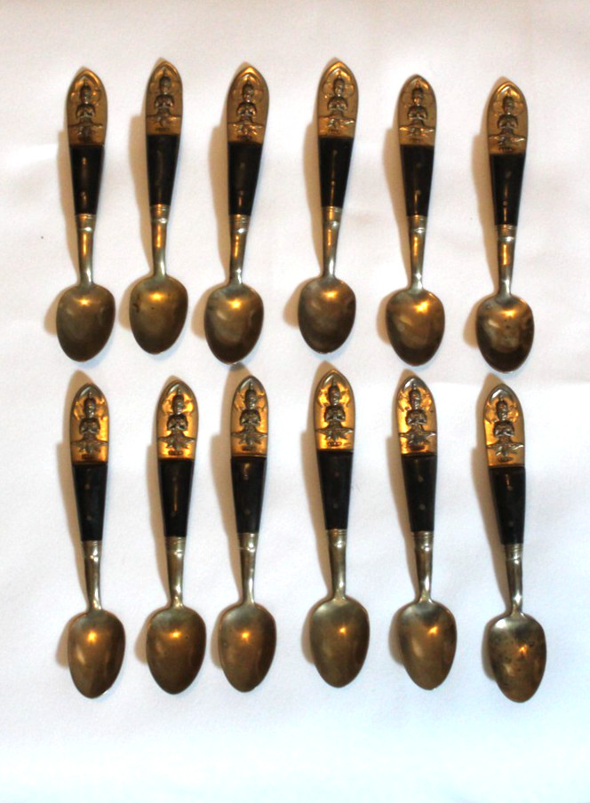 Siam Brass & Rosewood Vintage Spoon Set 12 Spoons Dessert