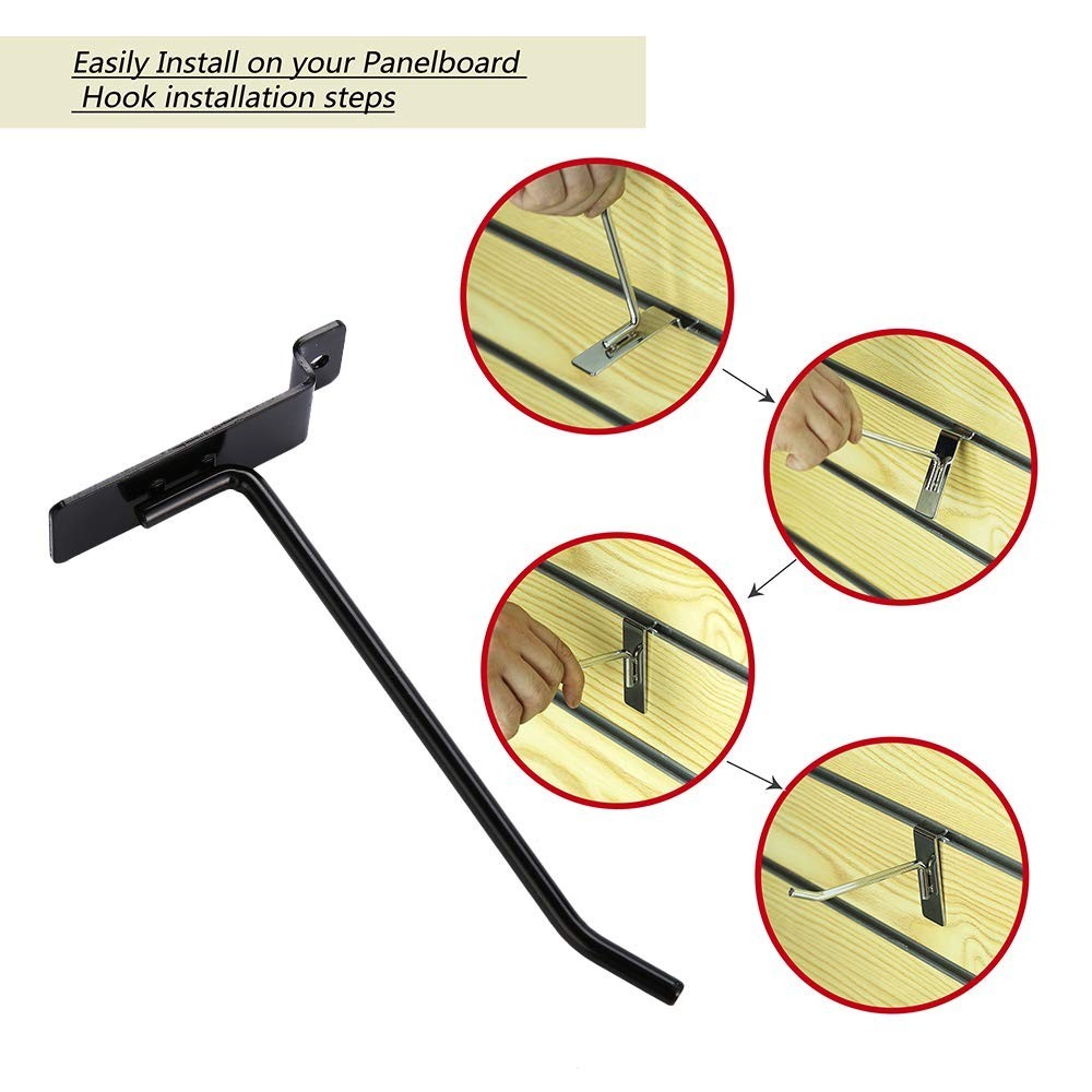 Slatwall Accessories: Box of 12 Black Metal Slatwall Hooks, Six 4 Inch and Si...