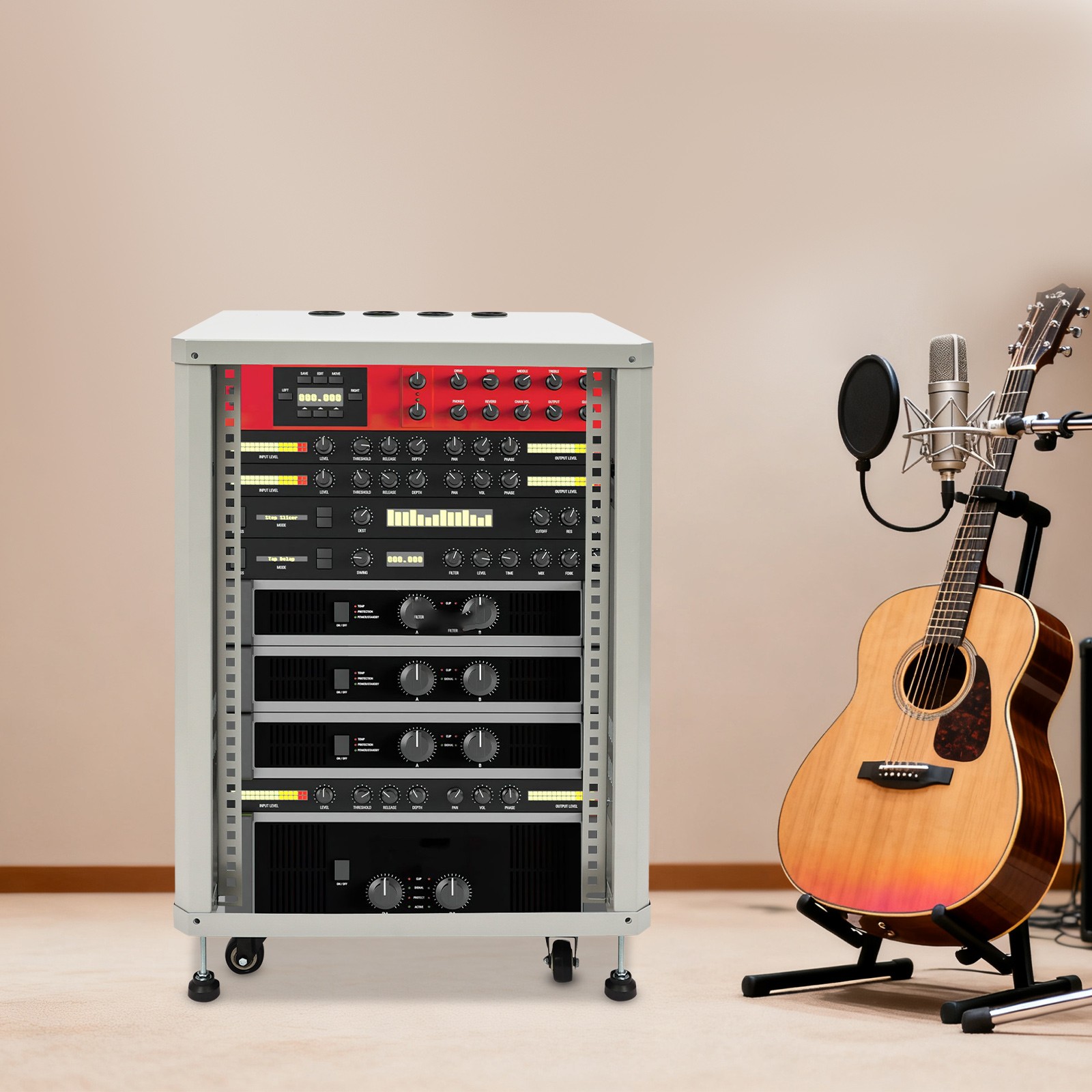 15U Network & Audio Rack With Feet & Wheels, Rolling Studio Rack Case 300lbs