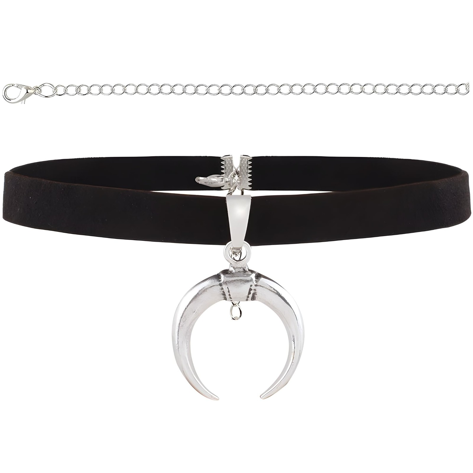 Black Suede Leather Choker Necklace with Silver Crescent Moon Pendant For Women