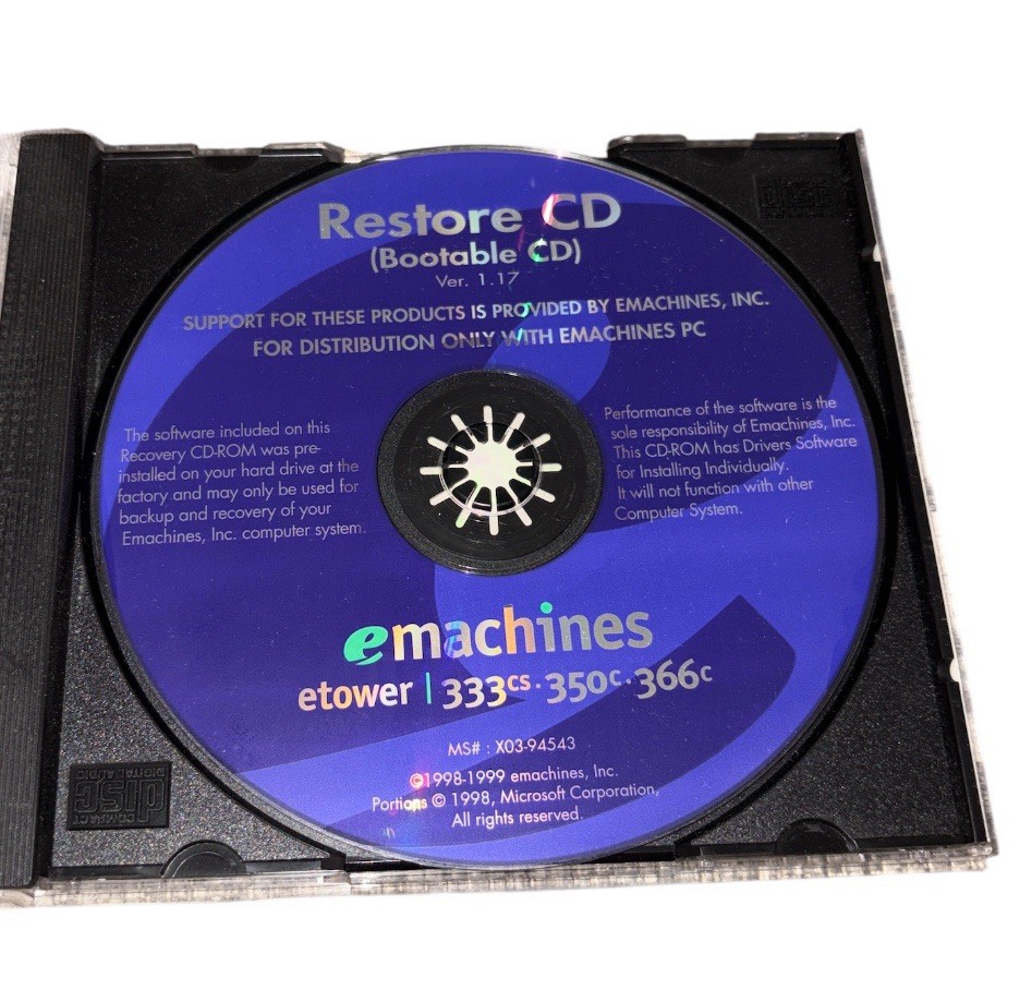 RARE eMachines Bootable System Restore CD for etower 333cs 350c 366c Vtg 1999