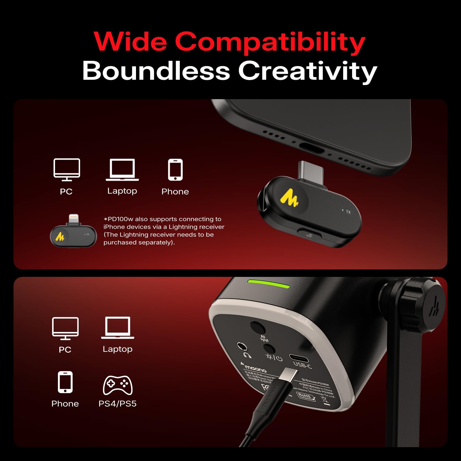 MAONO PD100W USB Wireless Microphone for PC, Gaming USB-C Receiver, Black
