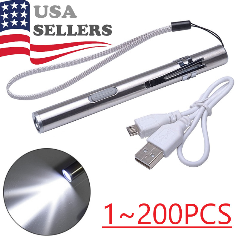 1-200 LED USB RECHARGEABLE MINI FLASHLIGHT Stainless Steel Pen Light 1000 Lumens