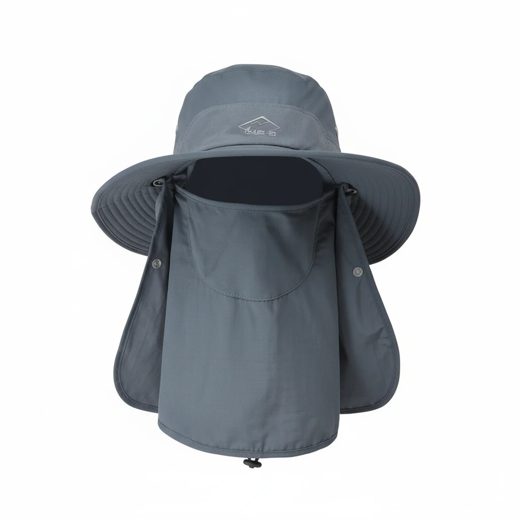 Sun Hat Gray UV Protection Wide Brim Face Cover Neck Flap Hiking Camping Fishing