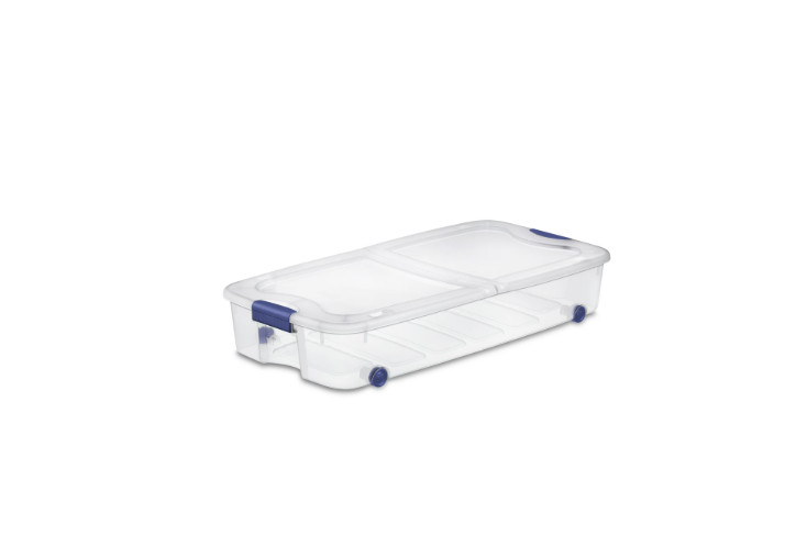 66 Qt Clear Underbed Storage Bin with Lid & Wheels Blue Rolling Box