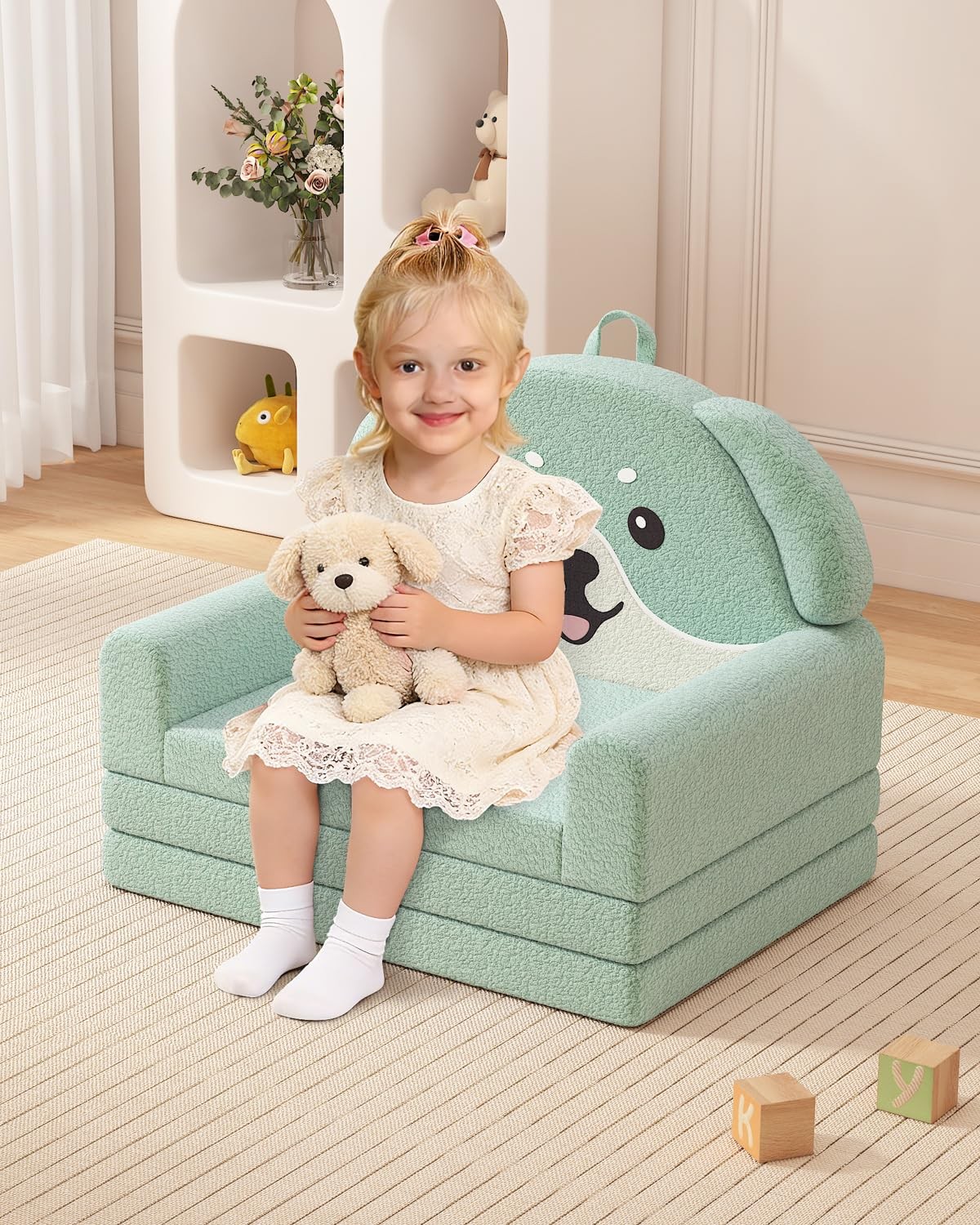 2-in-1 Kids Couch, Soft Toddler Couch Fold Out for Girl and Boys, Dog Design ...