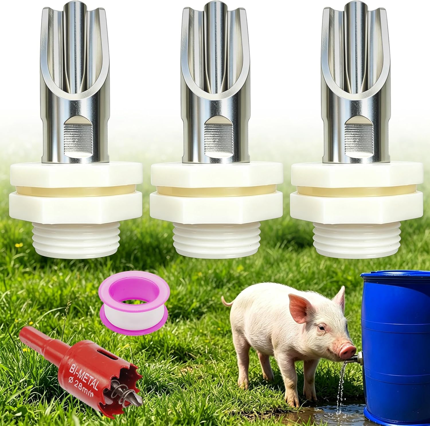 3 PCS Pig Nipple Waterer for Barrel Kit Automatic Pig Waterer System 1/2 Inch St