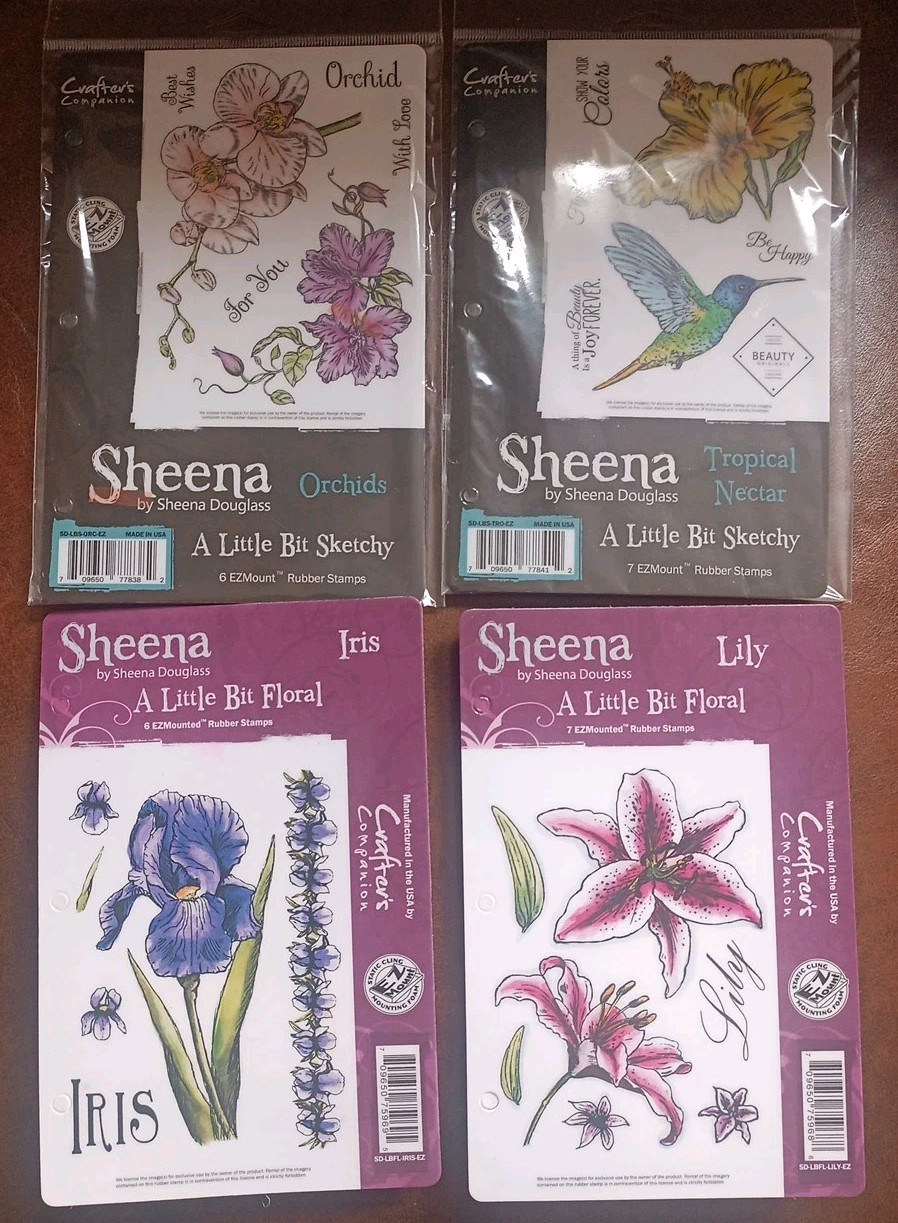 Lot of 4 Sheena A Little Bit Sketchy/Floral EZMounted Rubber Stamps w/Case  /669