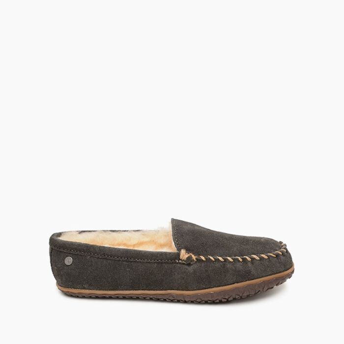 MINNIETONKA MENS SHEEPSKIN TOBIE CHARCOAL SLIPPERS SIZE 12 NEW WITH BOX