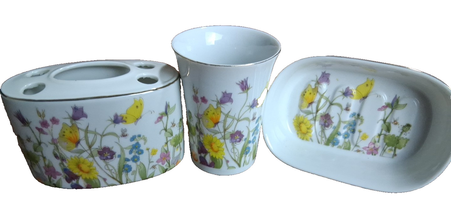3 Piece Bathroom Set Enesco Porcelain 1975 Floral + Butterflies Gold Trim