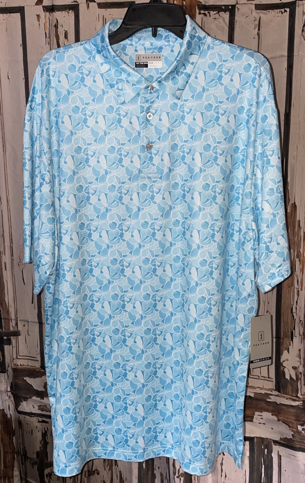 NWT Mens PGA Tour Pro Series Stretch Aqua Flower Print Polo Golf Shirt Size XLT