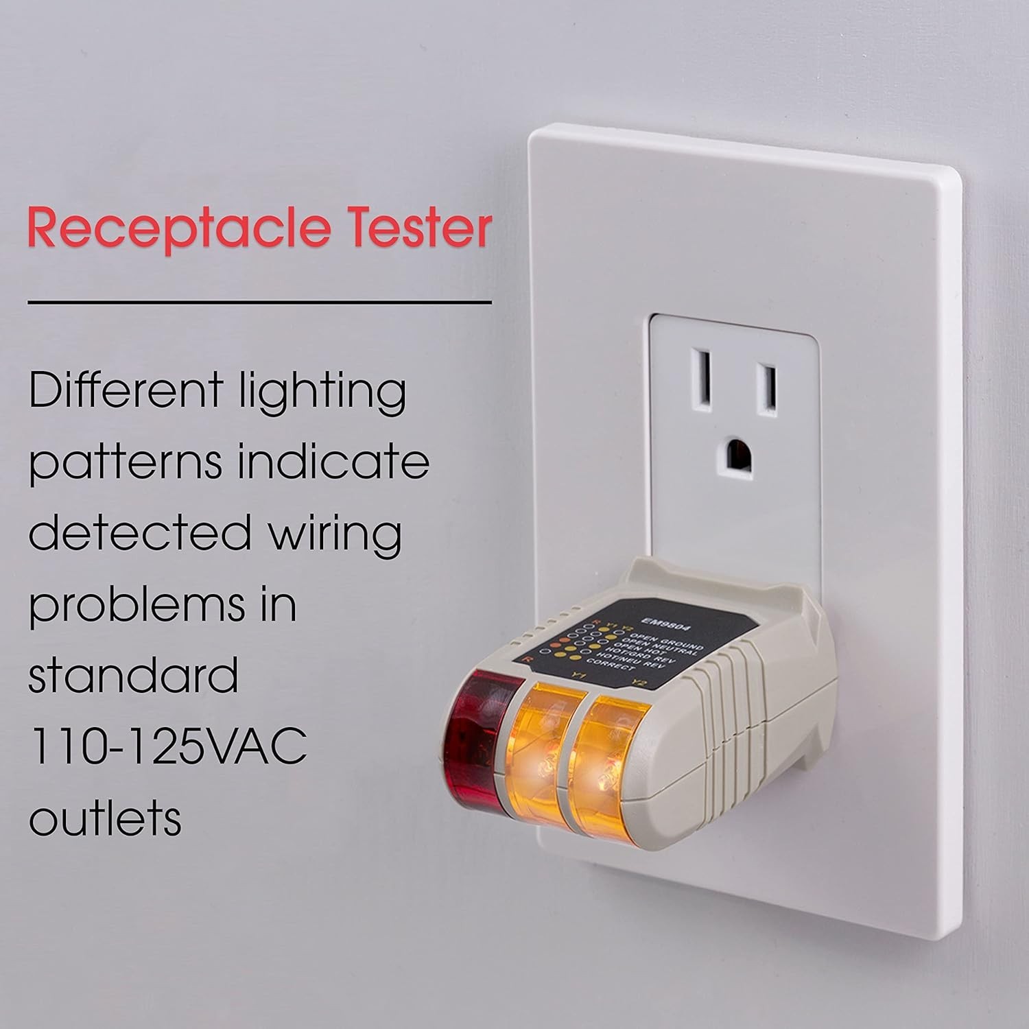 3-Wire Receptacle Tester, 110-125 VAC – Listed with 6 LED Visual Tests