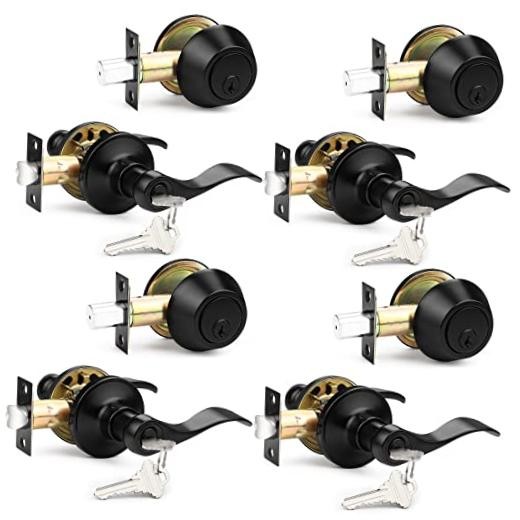 Front Door Handle and Single Cylinder Deadbolt Set Exterior Door 4 Pack Black