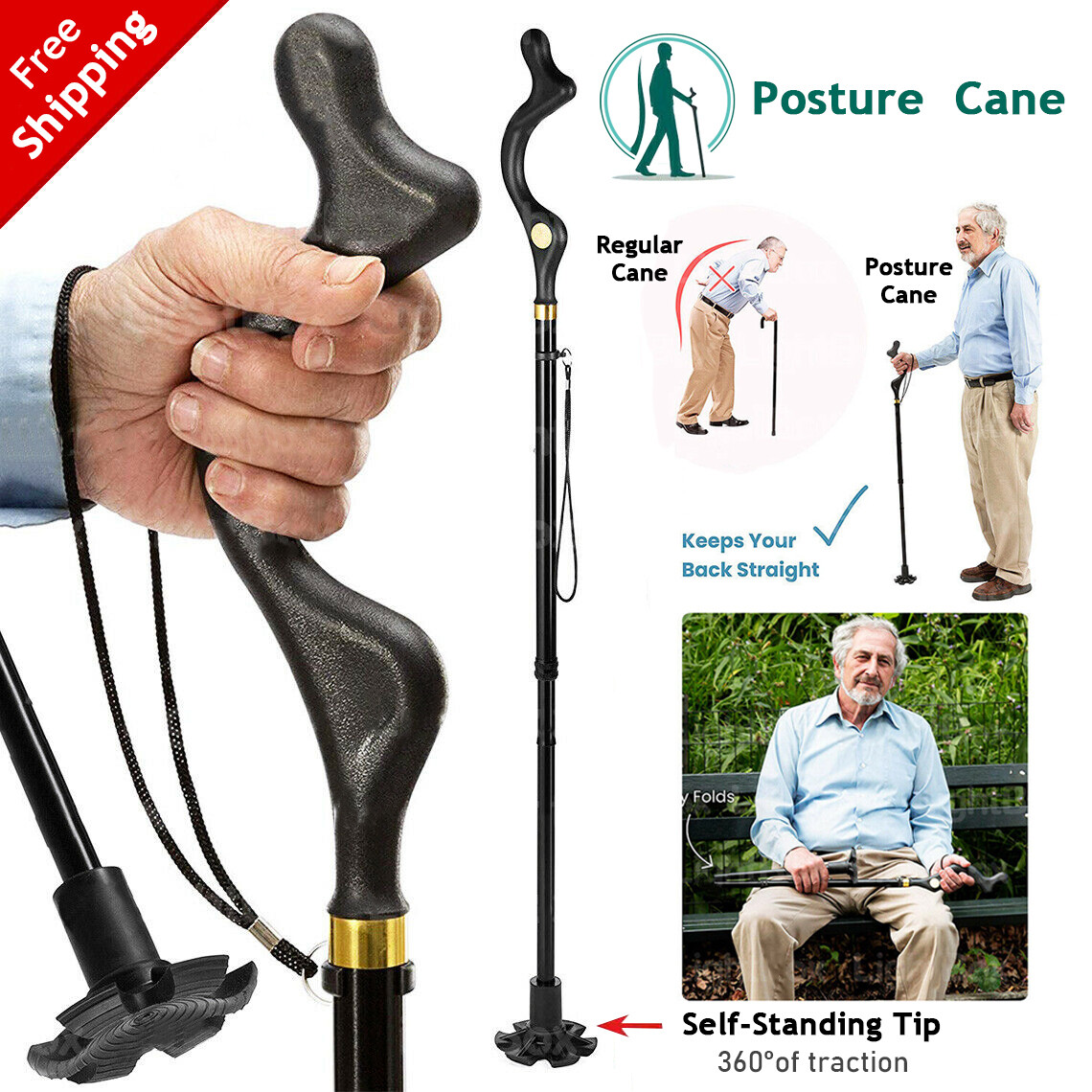 10 Levels Adjustable Collapsible Posture Correcting Cane Foldable Walking Cane