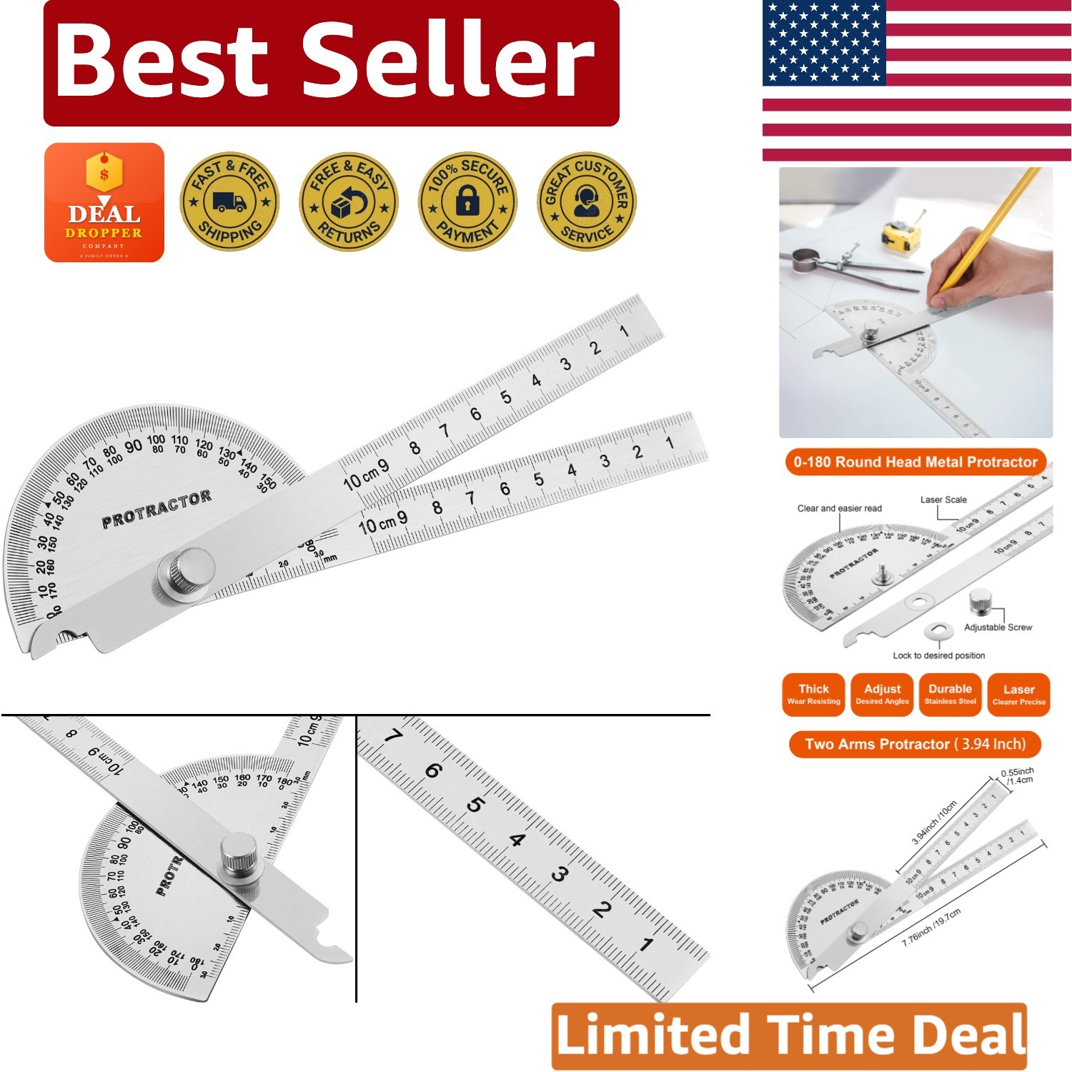 Durable Stainless Steel Angle Finder Protractor - 10cm/3.94in Measurement Tool