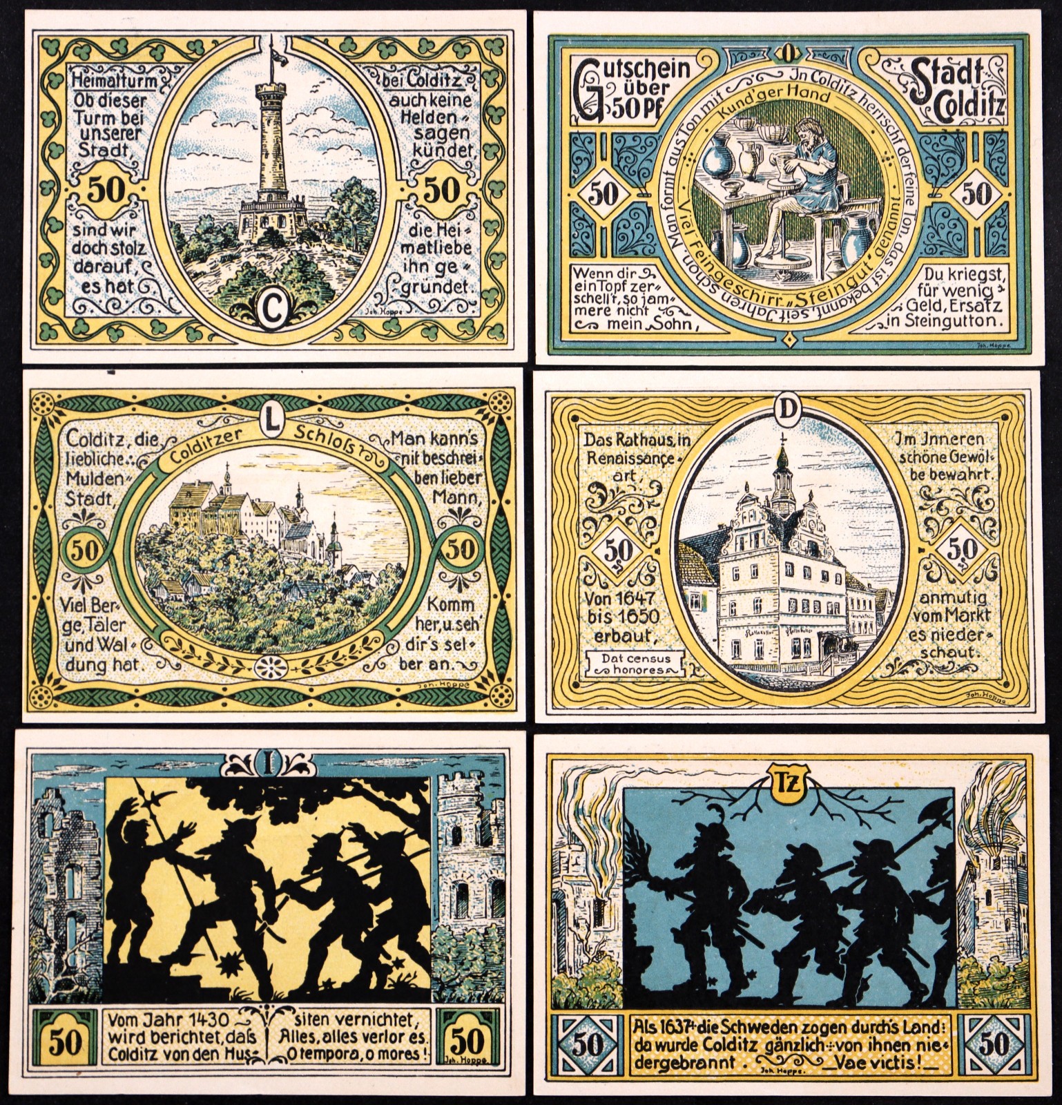 COLDITZ 1921 "City Destroyed by Hussites, Swedes" Complete Series German Notgeld