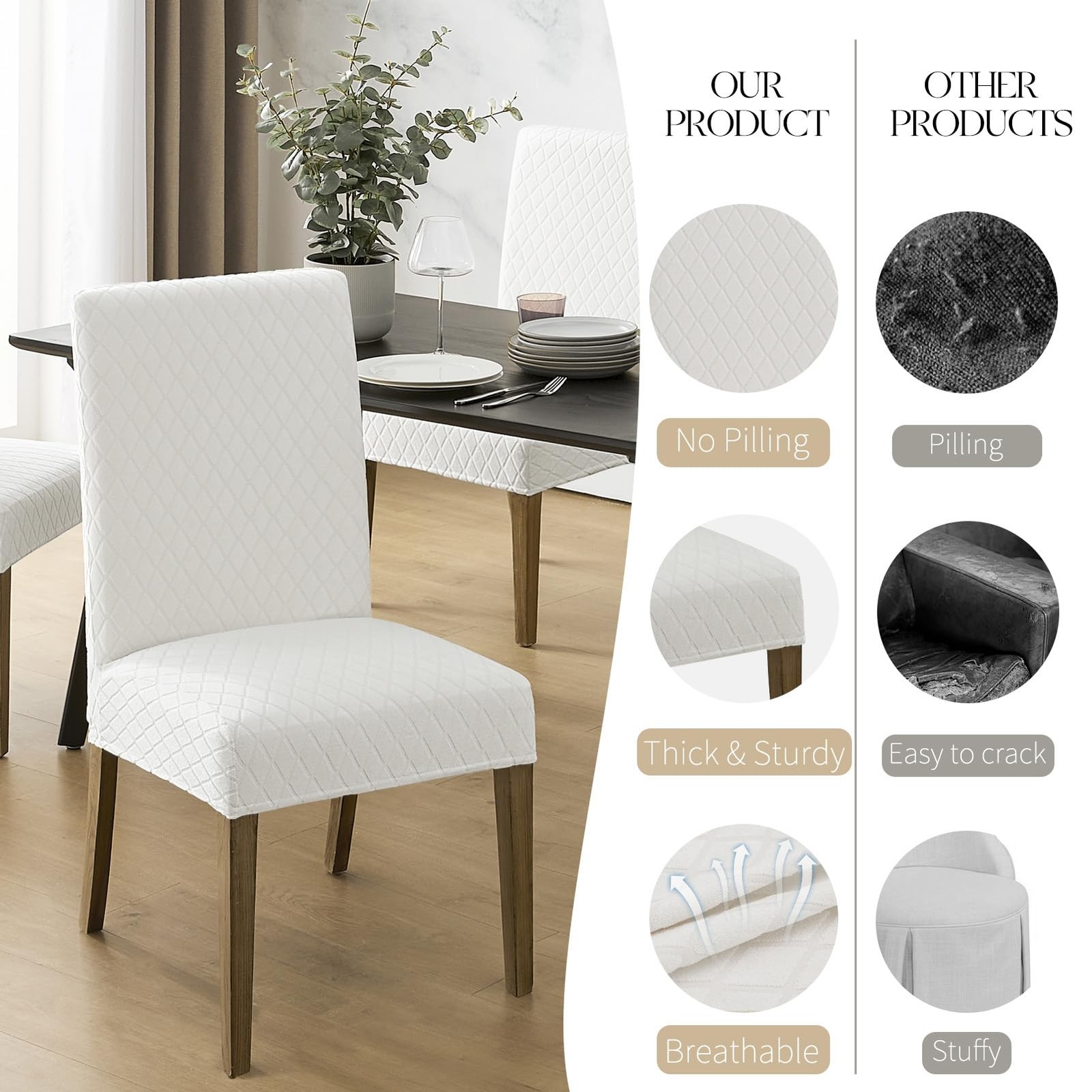 MOSAYT 100% Waterproof Dining Room Chair Covers XL - 4 Pack, Diamond-white