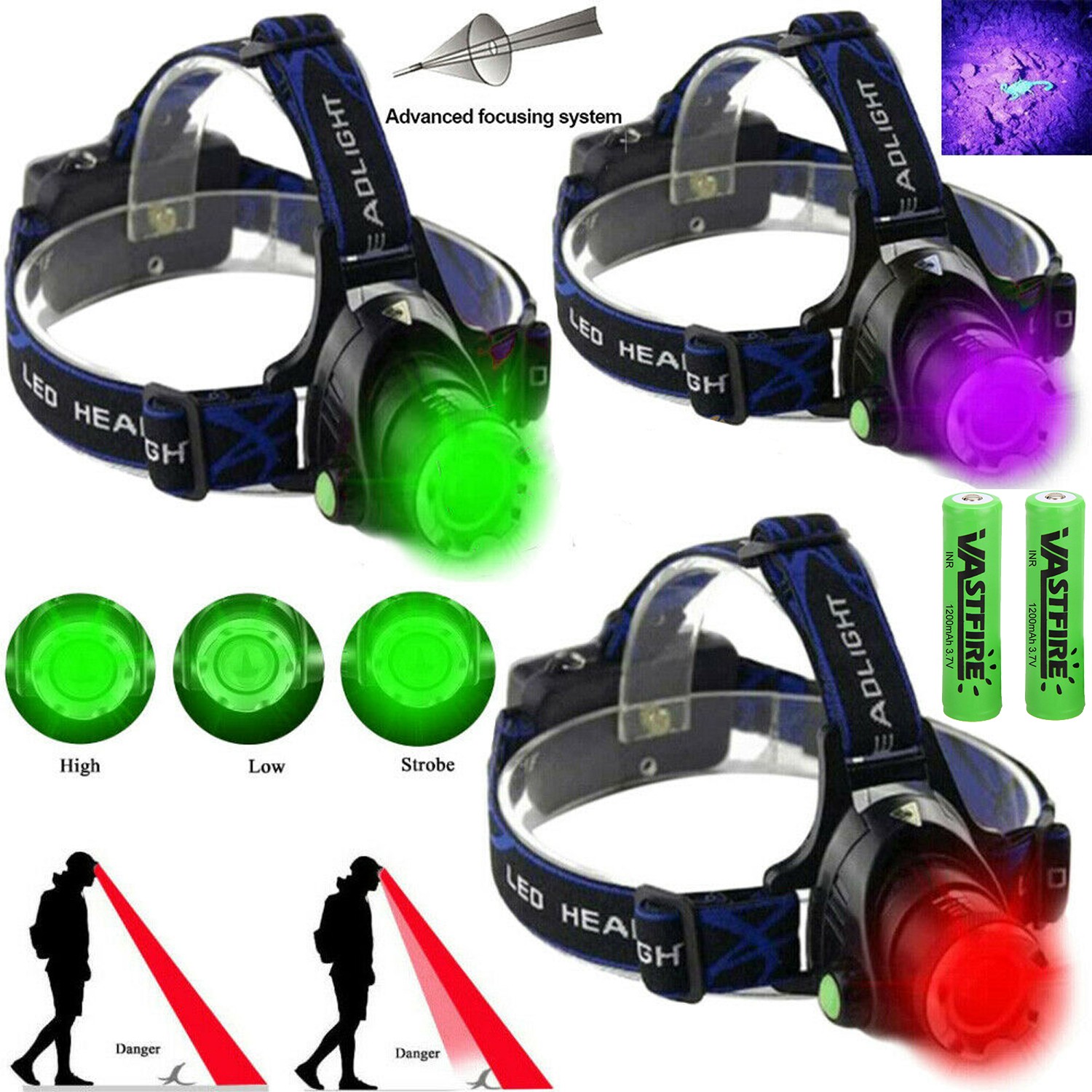 10000lm Strong LED Headlamp, 395nm UV/Red/Green Light, Rechargeable Zoom Lamp US