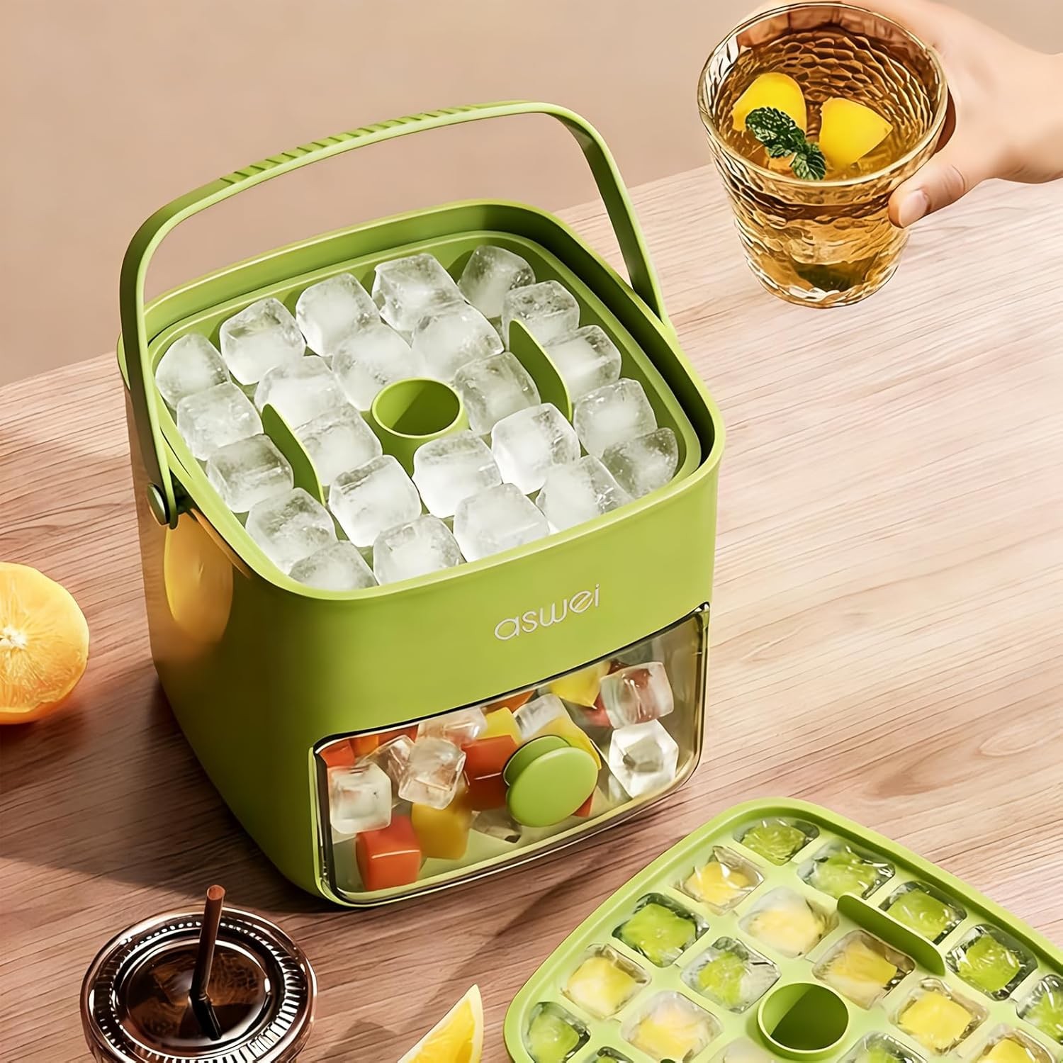 Compact Ice Cube Tray W/ Lid & Bin Mini Press-Type Ice Cube Maker Freezer