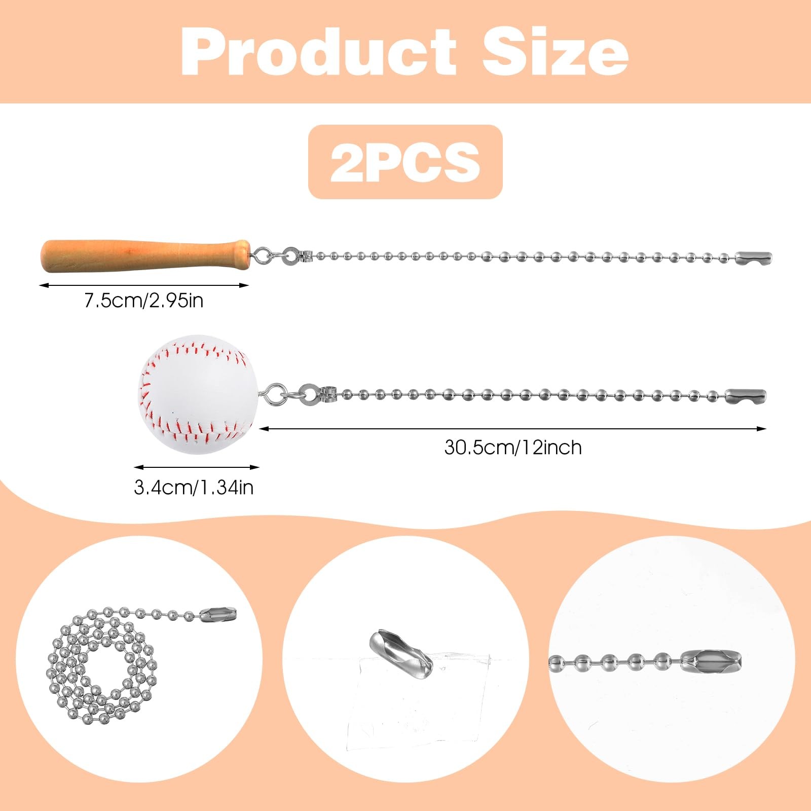 2 Pcs Baseball Pull Chain Extension, Light Pull Chain Fan Pull-Chains Extensi...