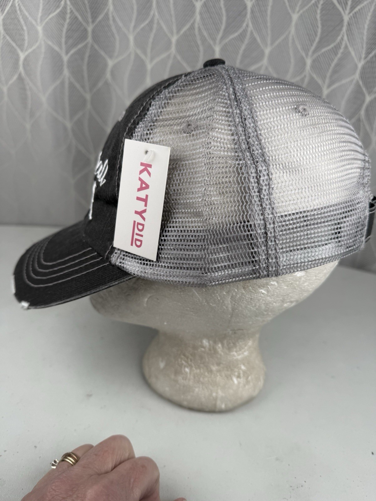Volleyball Mom white and pink on gray distressed Hat Cap White Mesh NWT HookLoop