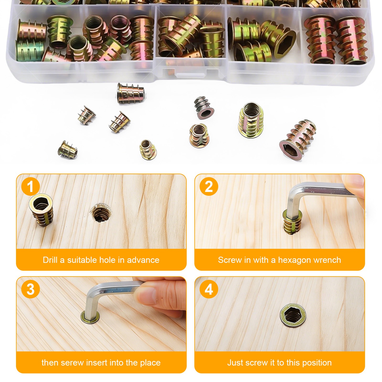 230PCS Threaded Insert Nuts Kit M4 M5 M6 M8 M10 Hex Socket Wood Inserts with Box