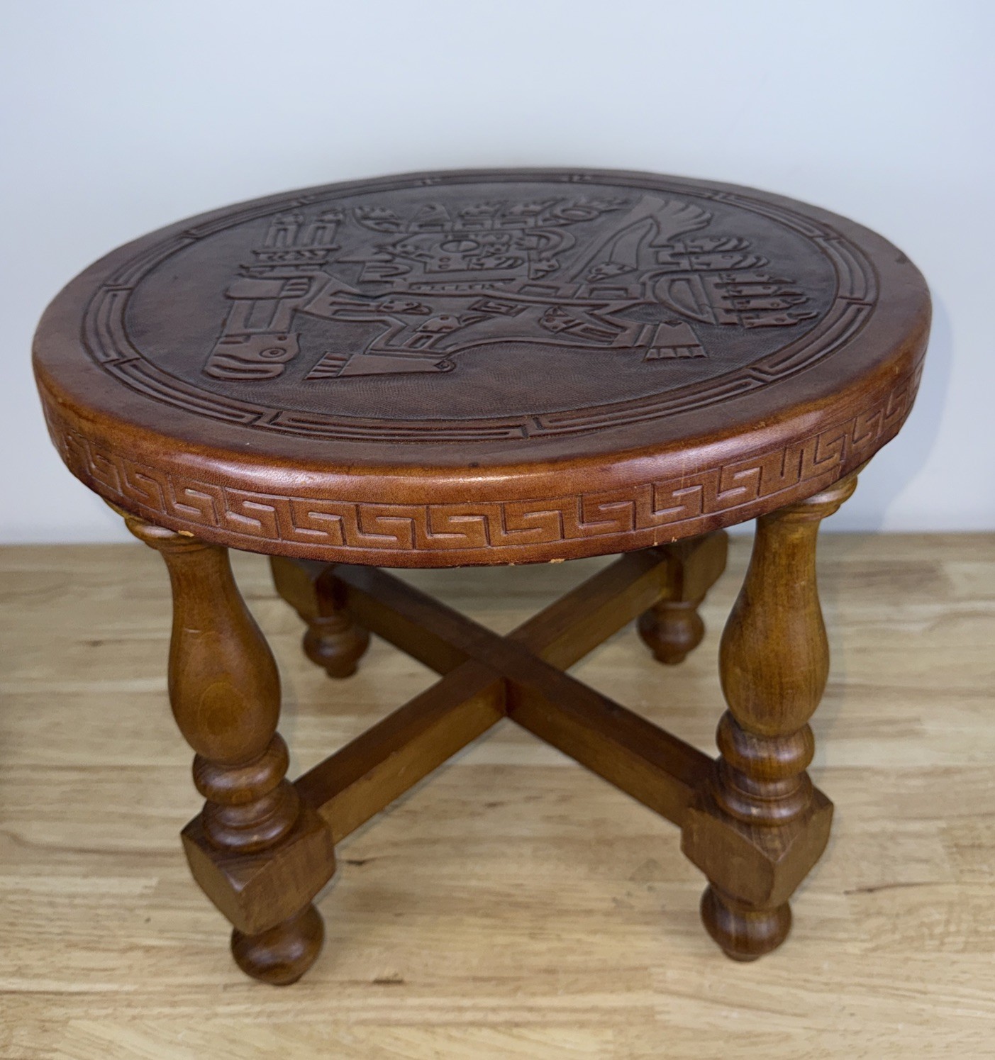 Antique Hand Tooled Leather Top Wooden Stool Ottoman Ethnic Peru Mayan Aztec