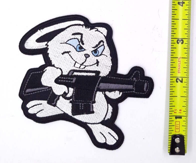 Bunny With A Gun! Iron On Embroidered Patch 3 3/4"X3"