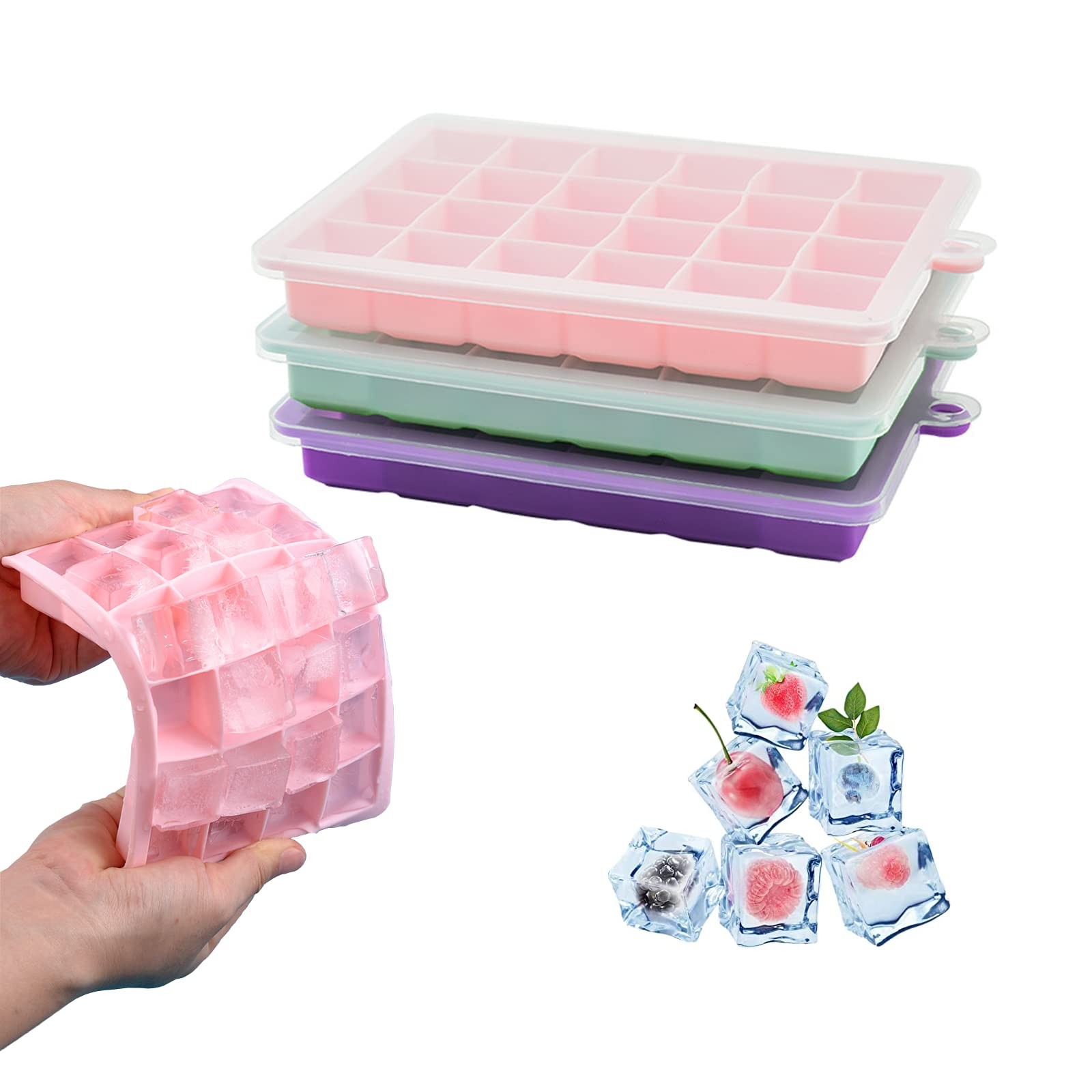 3 Pack Small Silicone Ice Cube Trays Pink Blue Purple