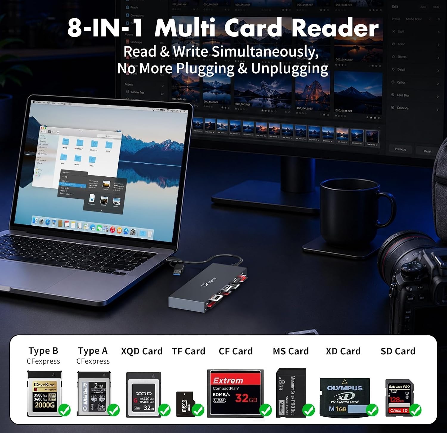 CFexpress Type B & Type A Card Reader, Professional 8-Slot USB 3.2 10Gbps Memory