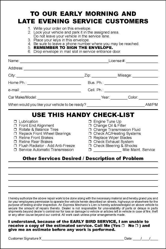 500 Automotive Night Drop Envelopes 6 x 9 Repair & Service Departments