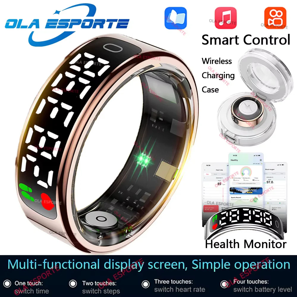 Smart Ring Display Screen Touch Wireless Charging Case Fitness Health Monitor