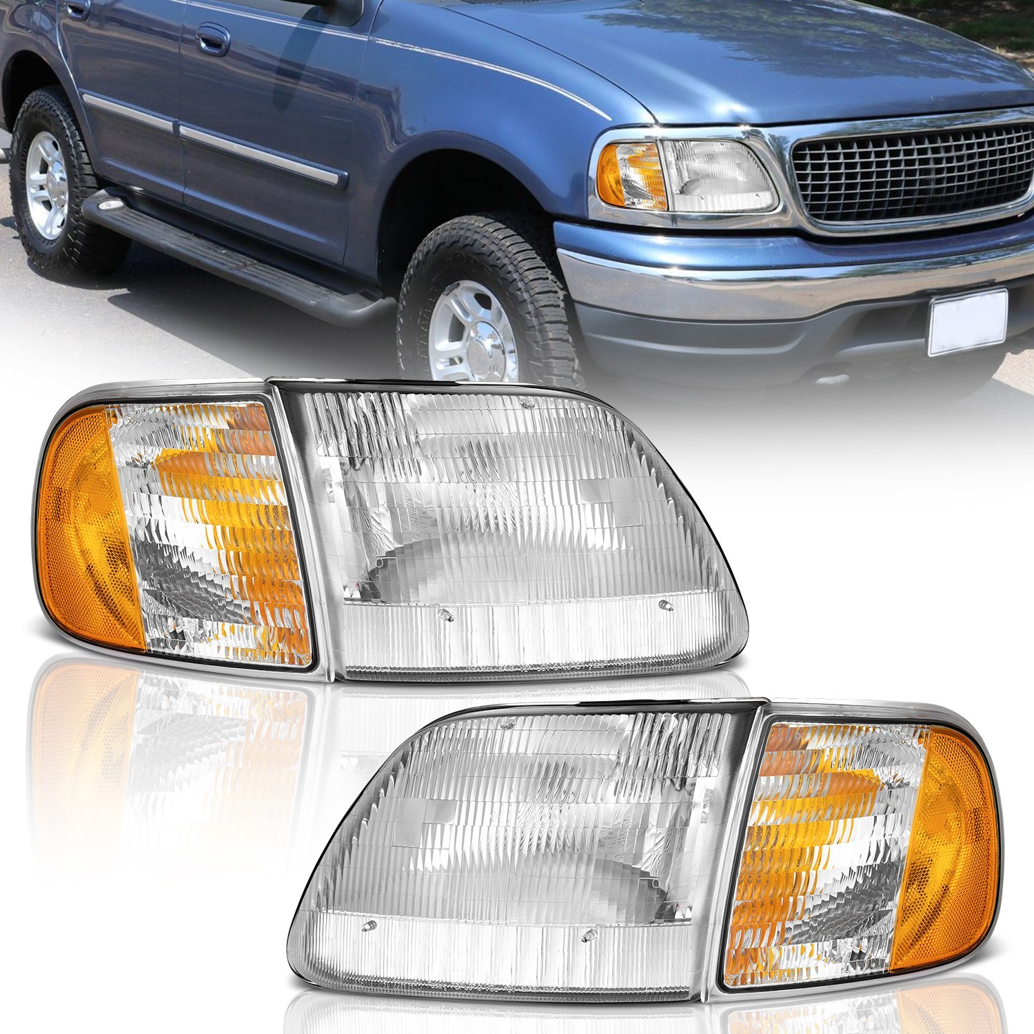 Pair Headlights Assembly Chrome For 1997-2003 Ford F150 Expedition Headlamps