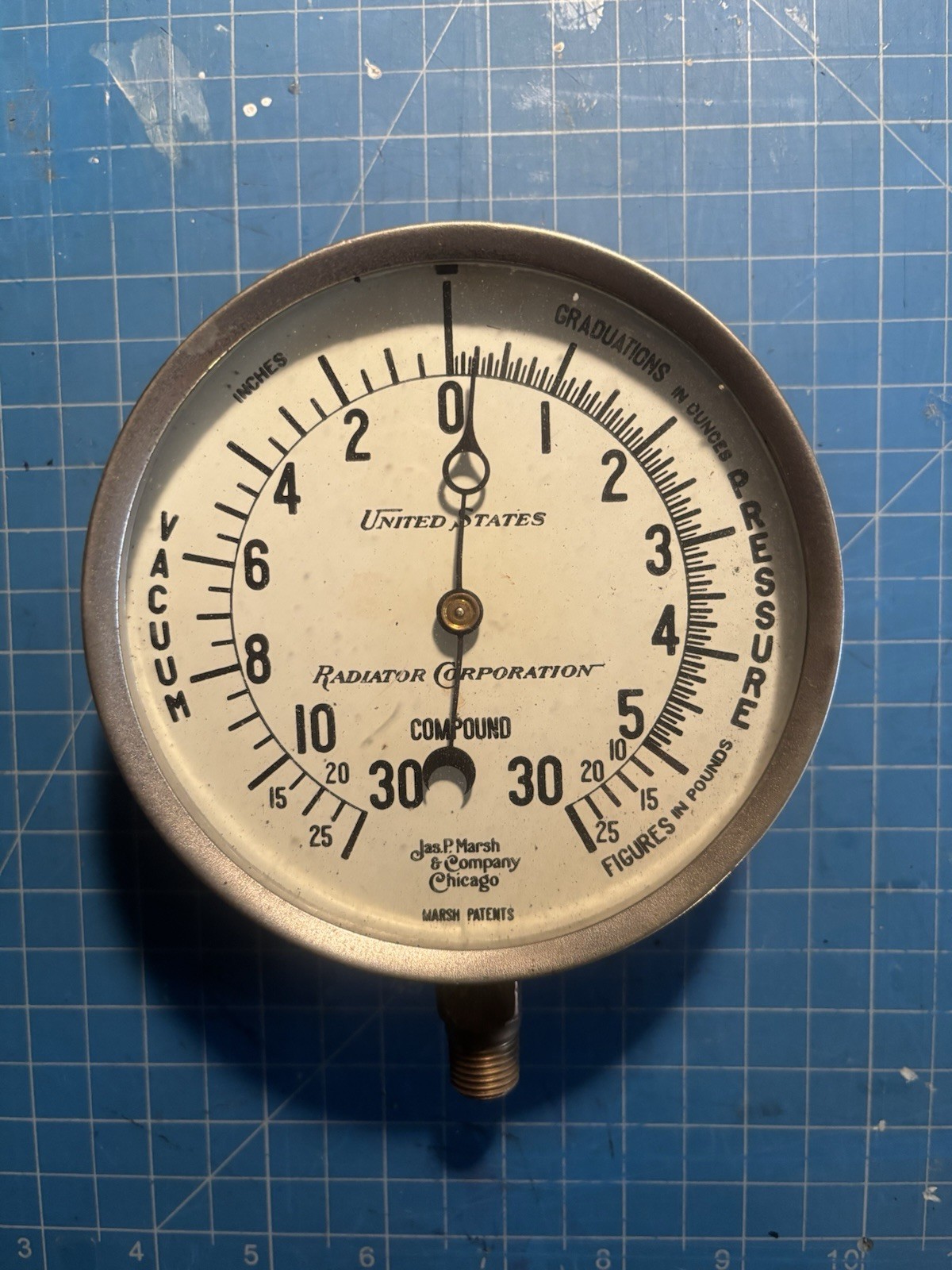 Vintage 4.5" U.S. Radiator Corp., Jas. Marsh& Co., Pressure Gauge