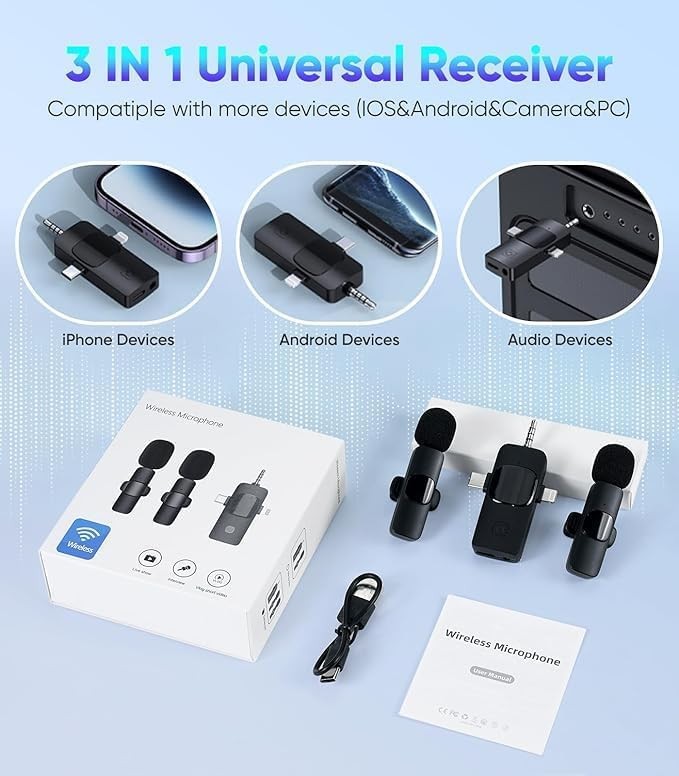 OUZIO Wireless Lavalier Microphone for iPhone & Android & iPad & Camera Black