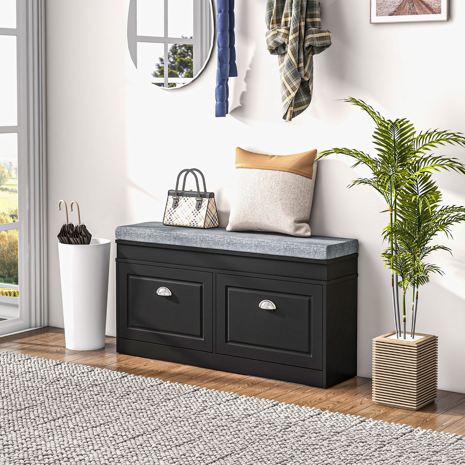 Shoe Rack Bench for Entryway with Cushion, 2 Drawers, Holds 8 Pairs