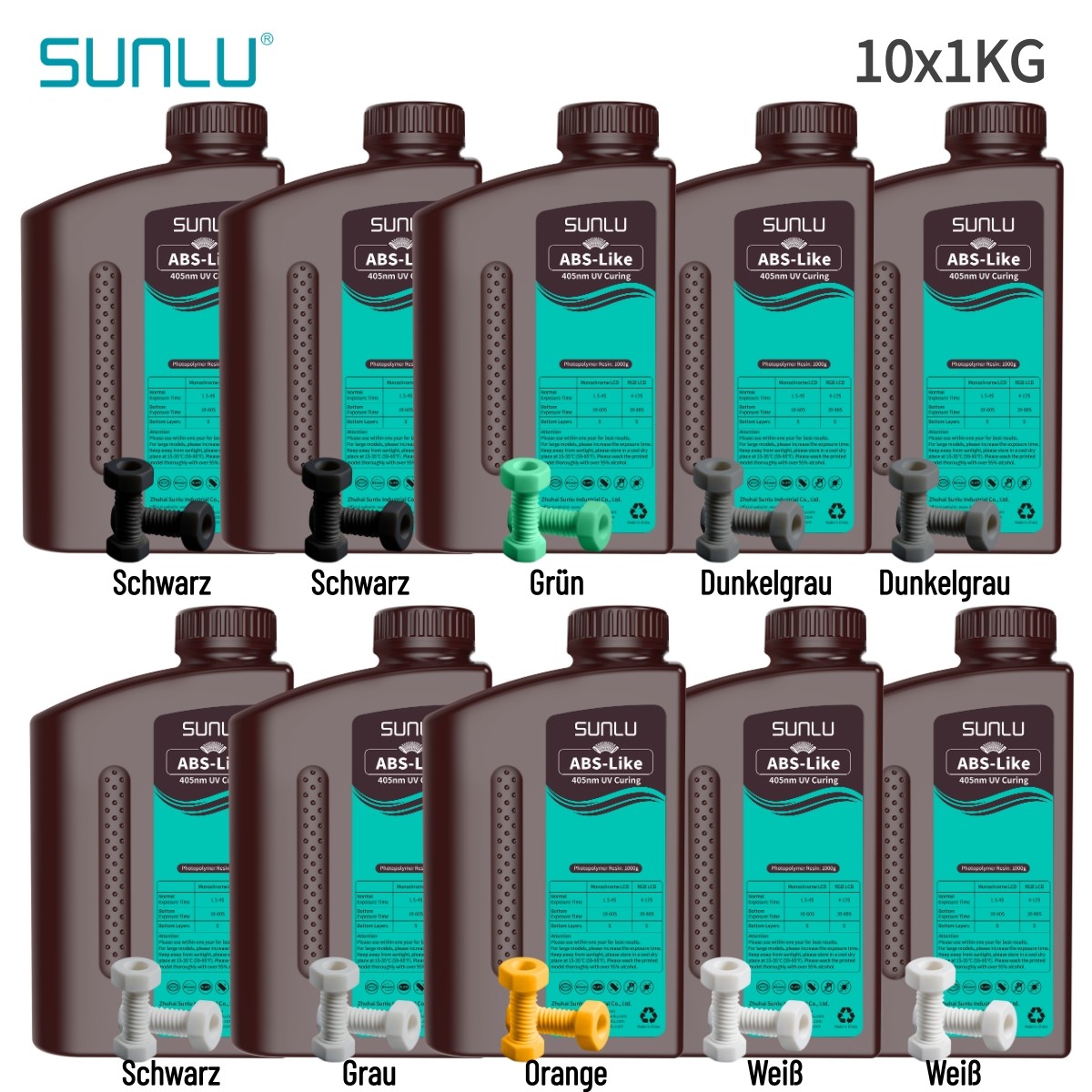 10×1KG Sunlu Standard/14K Standard/ABS Like/Nylon Like/Water Wash ABS Resin