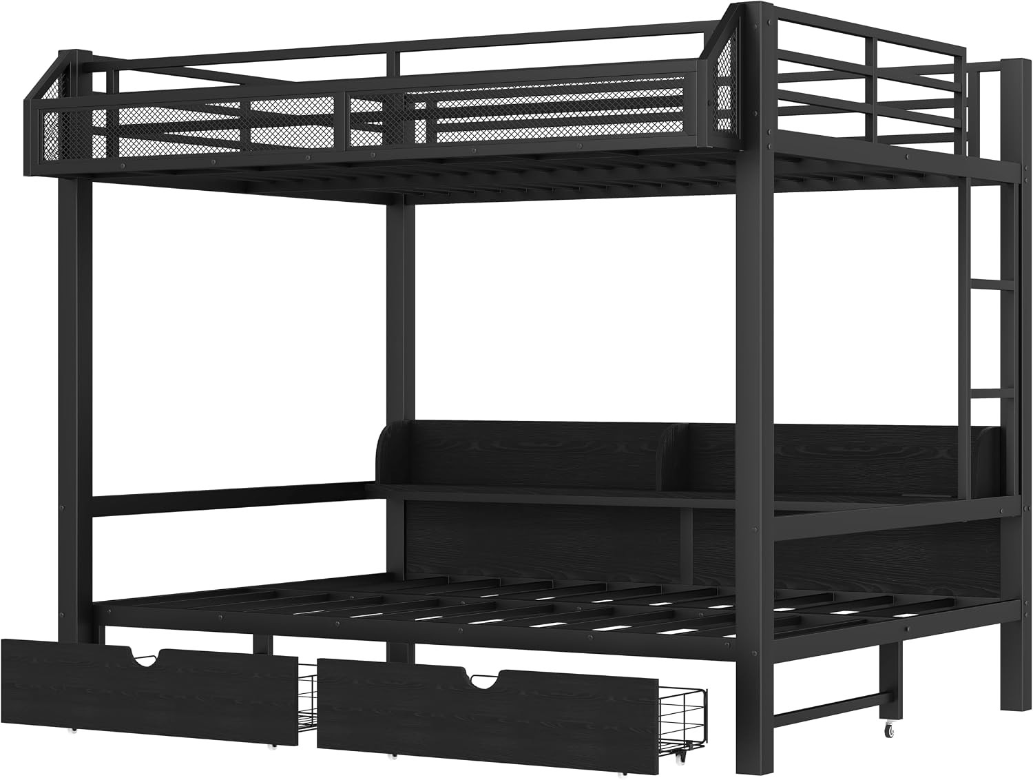 Queen over Queen Bunk Bed with Storage Shelves and Drawers, Metal Bedframe with