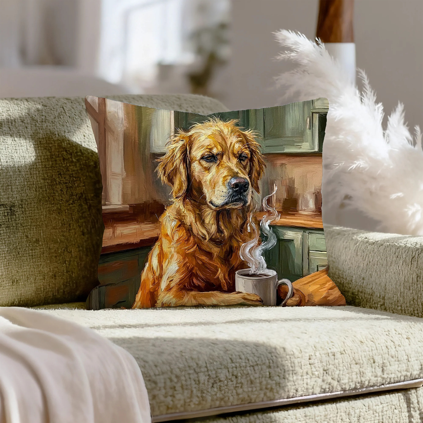 "Before Coffee" - Golden Retriever Pillow Cover - Dog Lover Home Decor