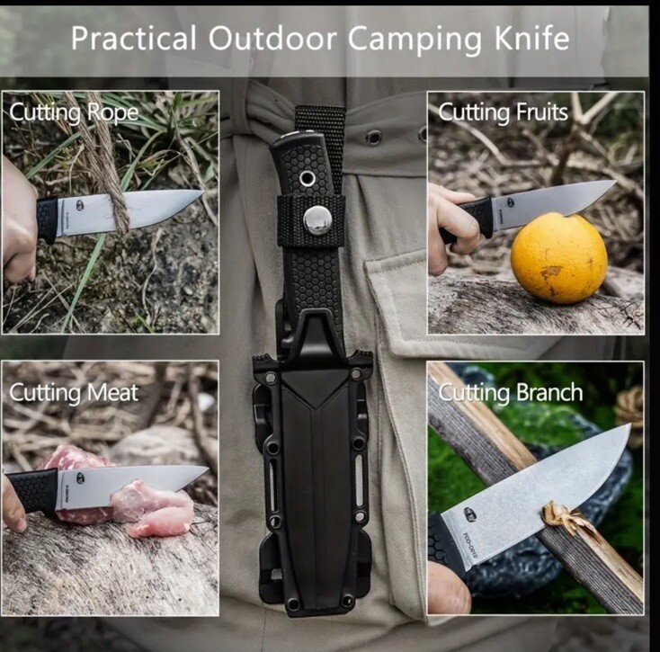HX Outdoors Fixed Blade Knife Rubber Handle Drop Point w/ Sheath