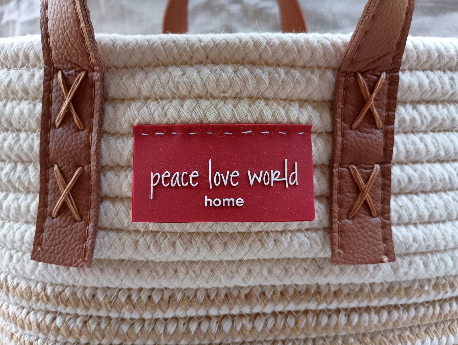 Round Woven Fabric Basket with Leather Handles