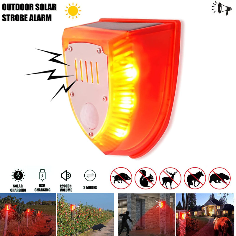 Solar Outdoor Motion Sensor Alarm-129db Dog Barking & Gunshot Sound USB Charge