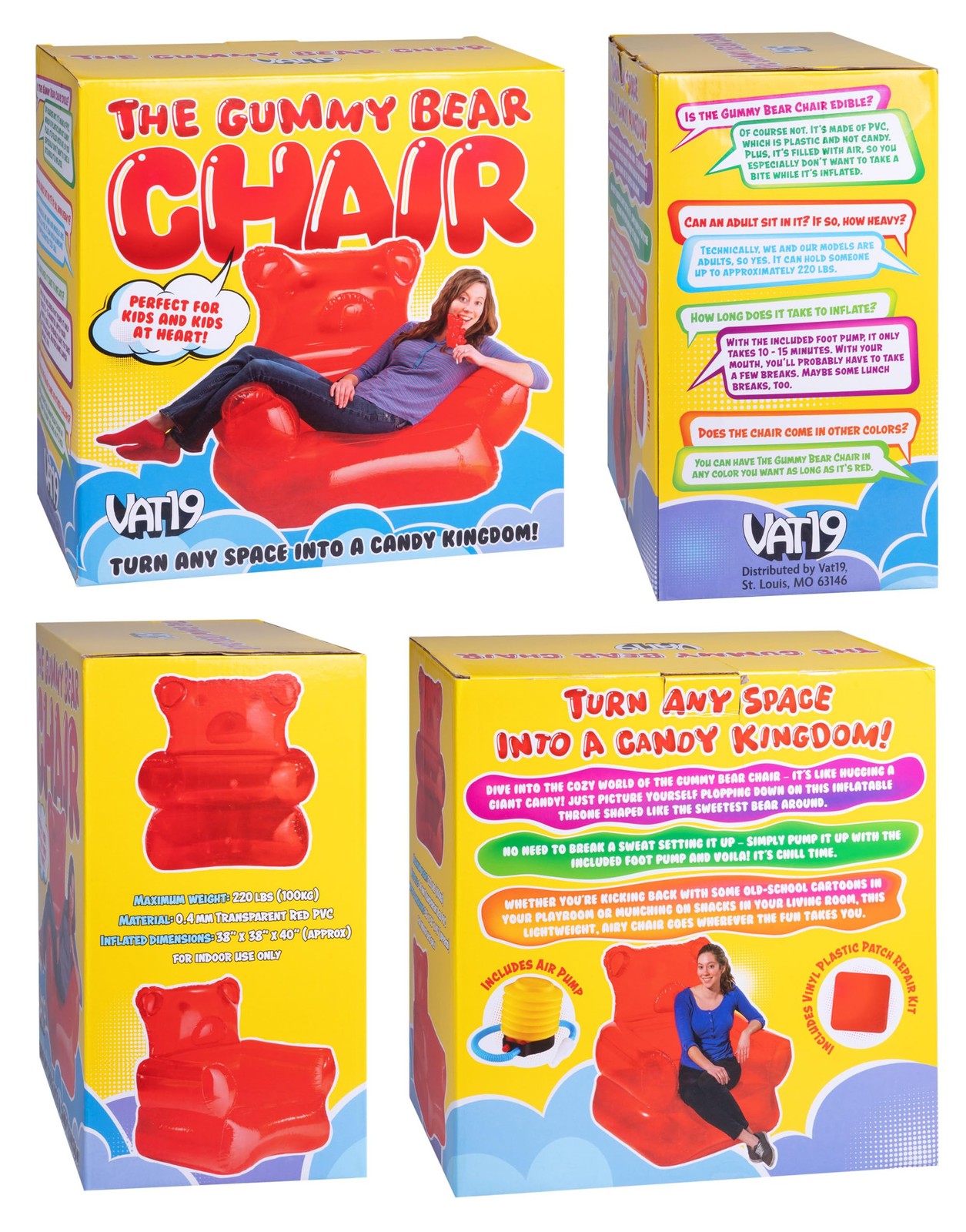 The Gummy Bear Inflatable Chair, PVC, Red, Eclectic Style for Relaxing, Decor...