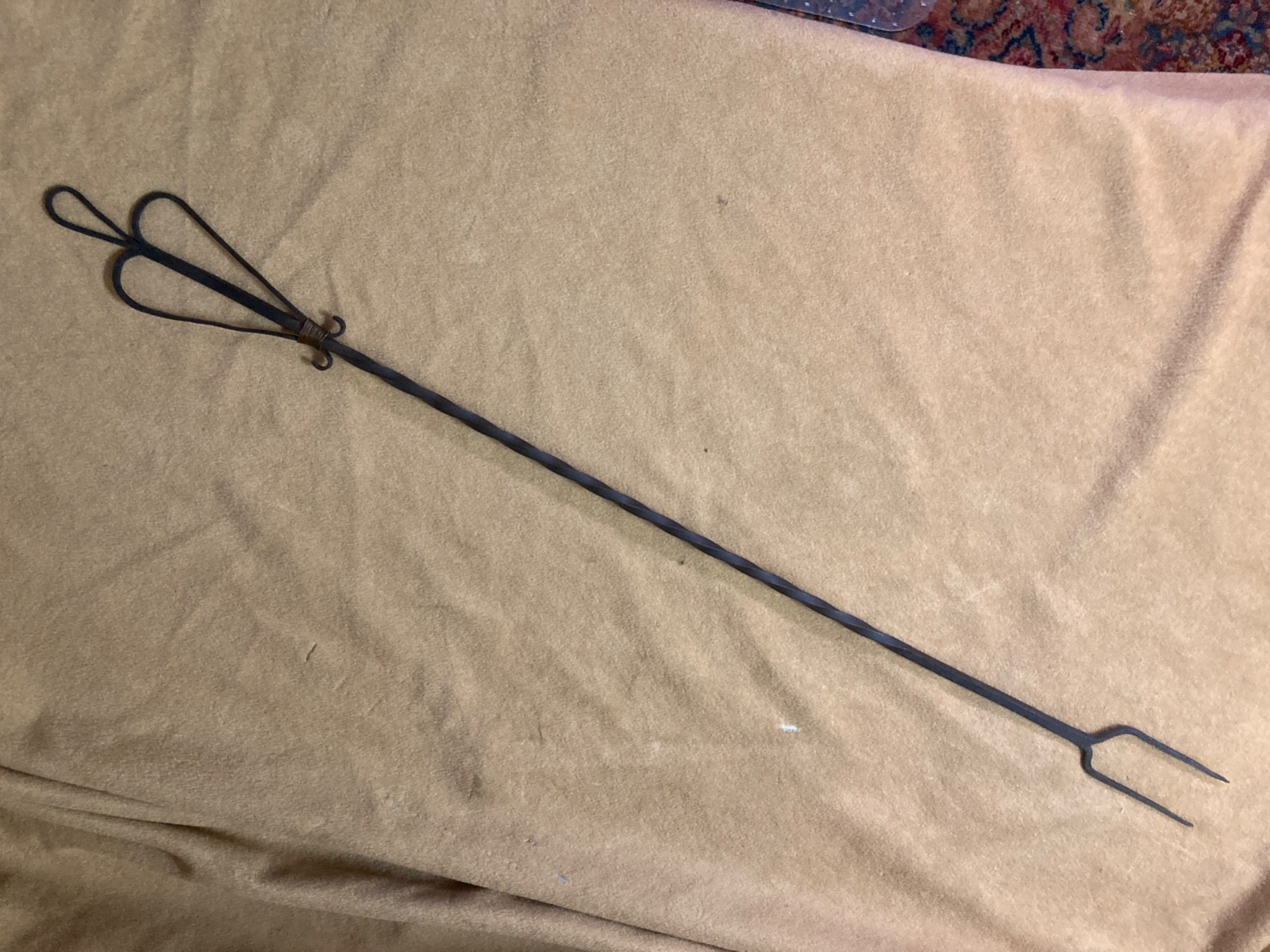 Vintage Hand Wrought Twisted 23.25"  2 Prong Fork w/heart shaped top, Primitive